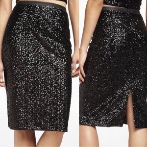 NWT Express Sequin Satin Waistband High Waisted Midi Pencil Skirt Back Slit 10